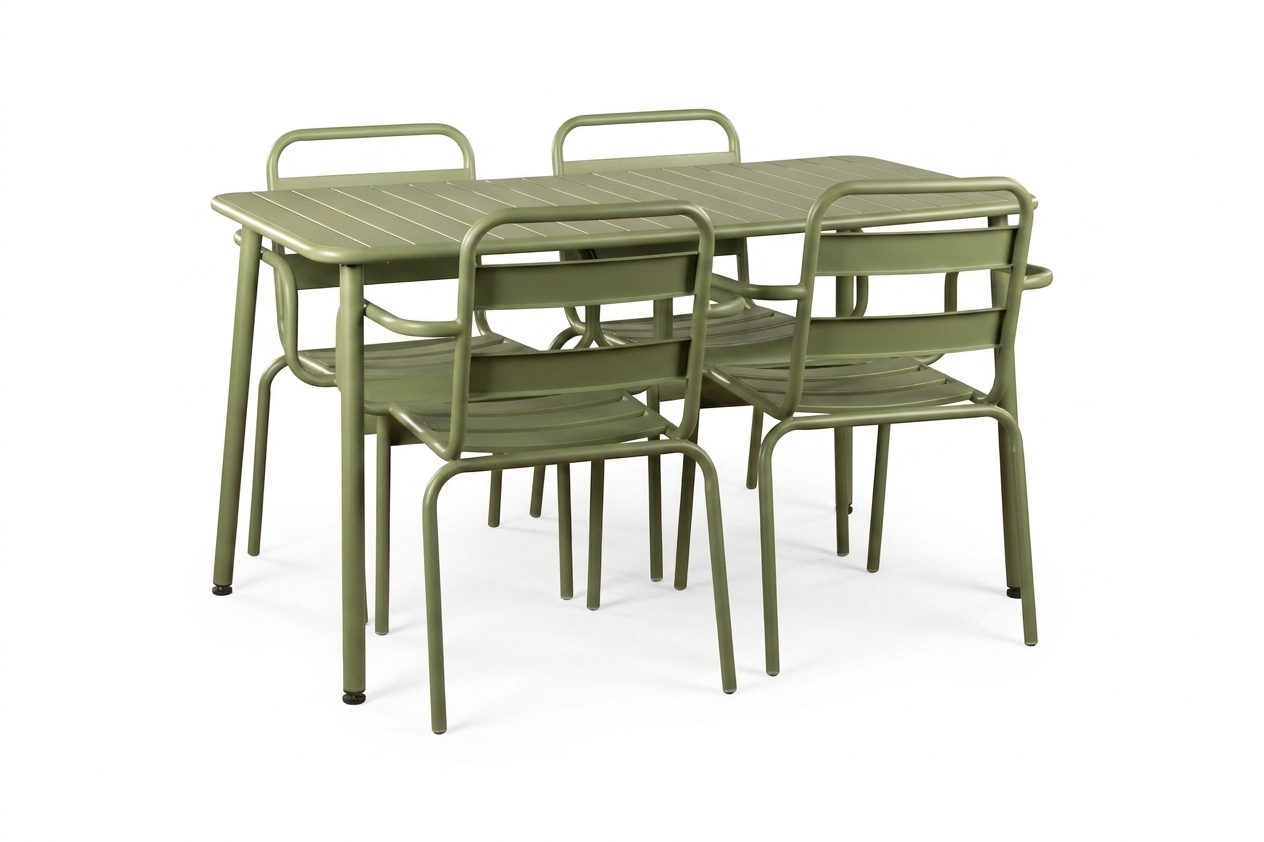 მეტალის მაგიდა 140*70-ზე + 4 სკამი მწვანე