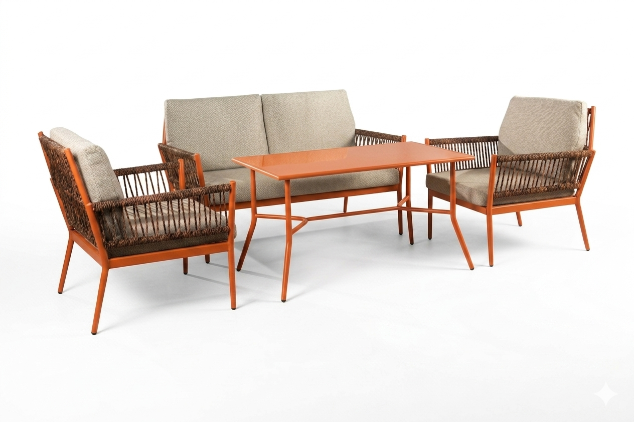 მეტალის 2 ადგილიანი სამეული მაგიდით ტერაკოტას ფერი