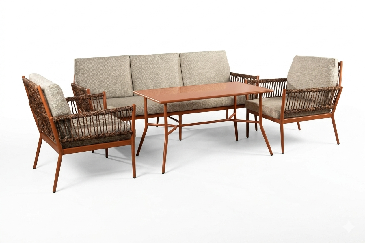 მეტალის 3 ადგილიანი სამეული მაგიდით ტერაკოტას ფერი 