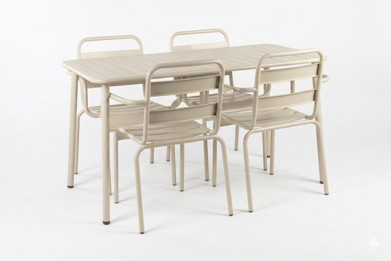 მეტალის მაგიდა 140*70-ზე + 4 სკამი კრემისფერი