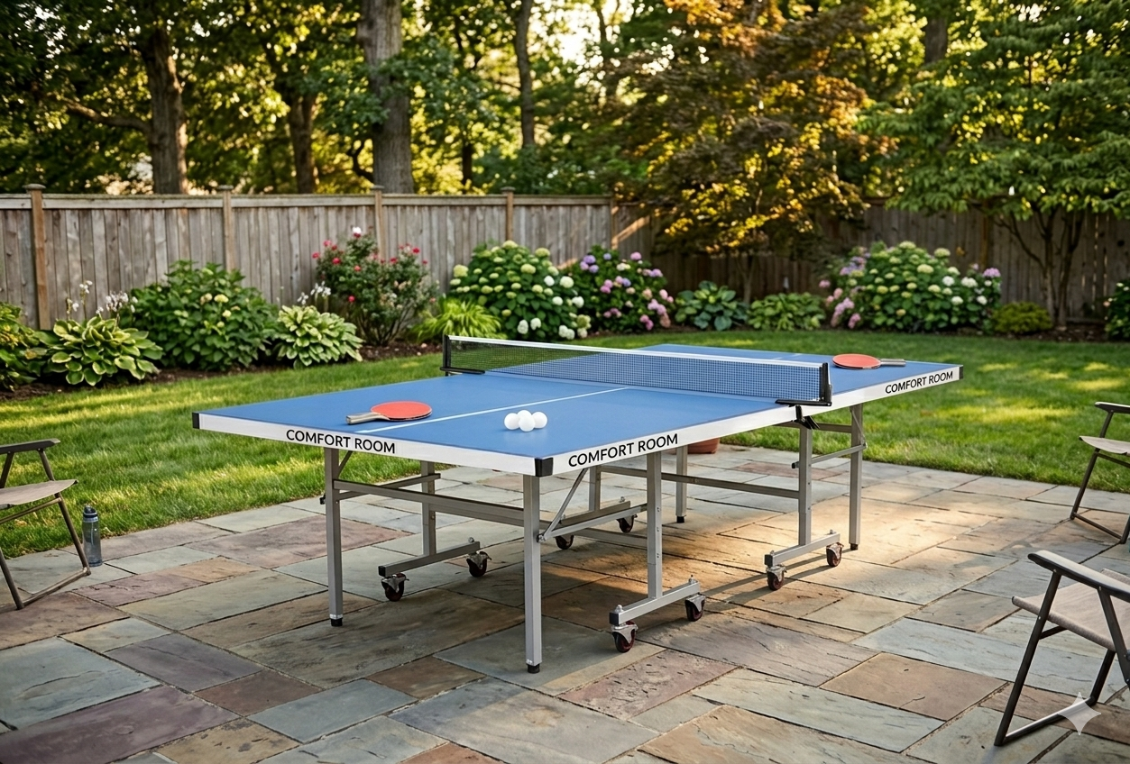 ტენისის მაგიდა წყალგამძლე ბადით, რაკეტით და 3 ბურთით