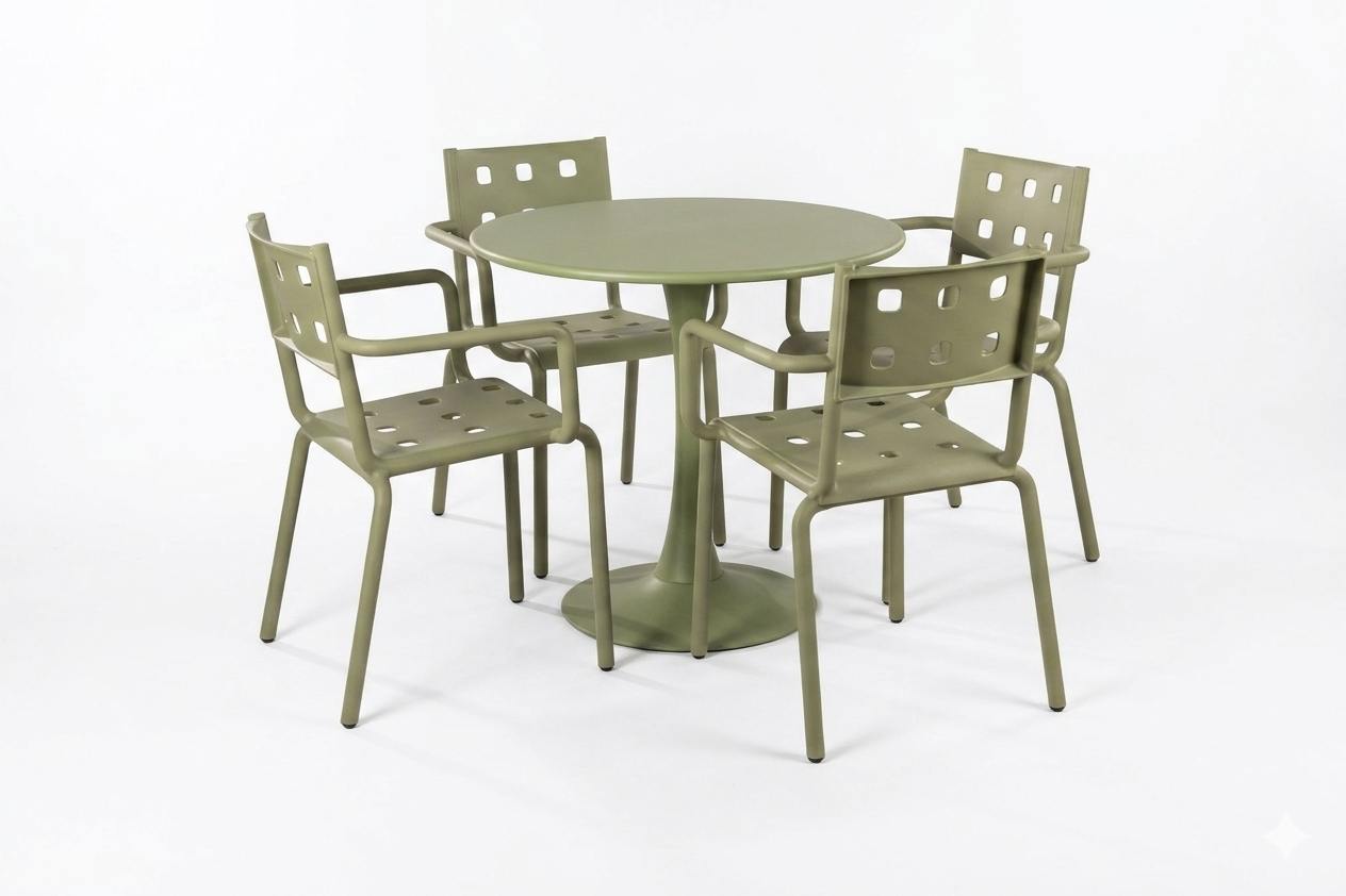 მრგვალი მაგიდა 80სმ + 4 სკამი მწვანე