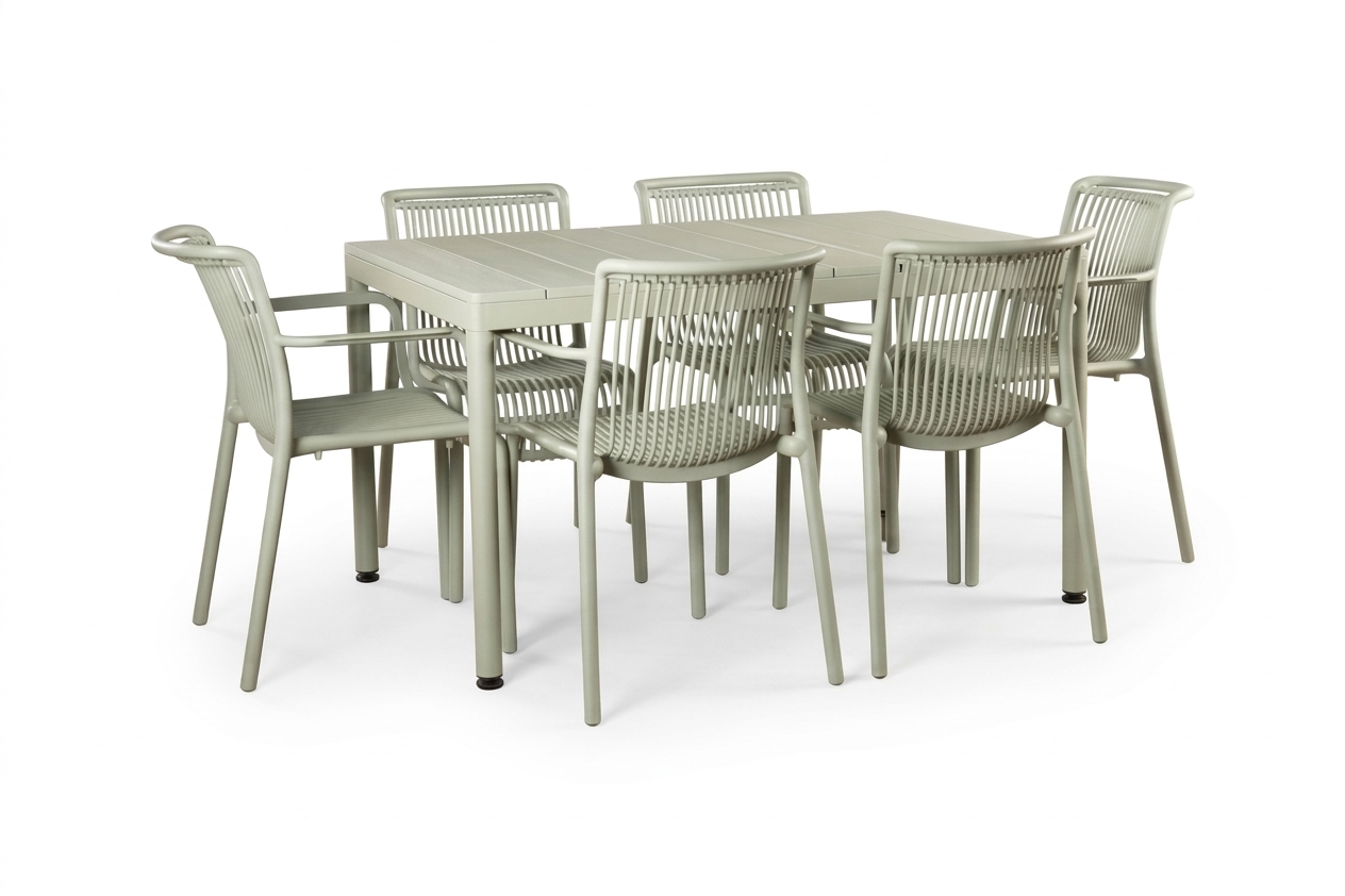 პლასმასის მაგიდა და 6 სკაამი 135*90-ზე ღია მწვანე