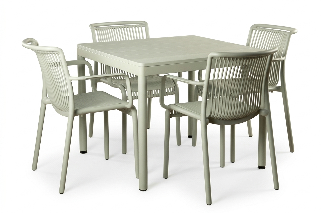 პლასმასის მაგიდა და 4 სკამი 90*90-ზე ღია მწვანე