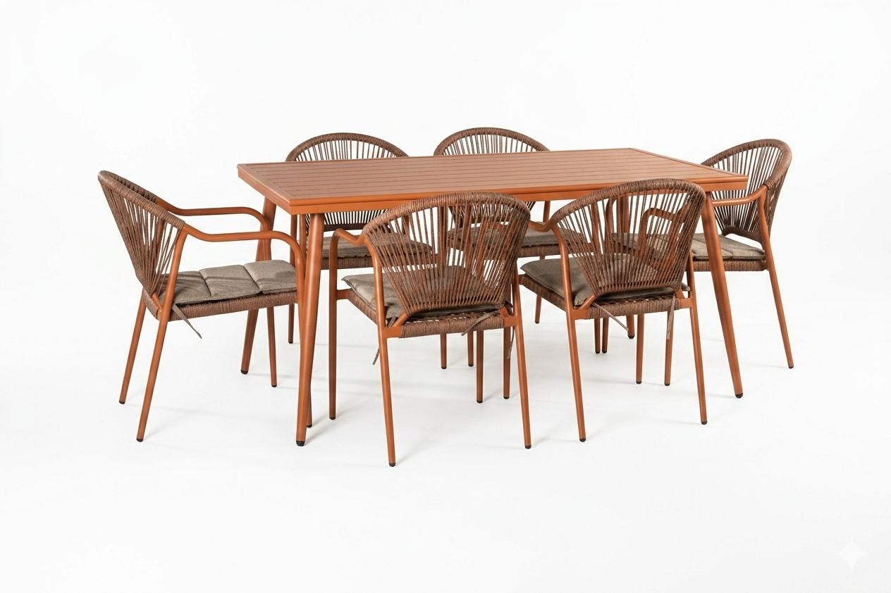 მეტალის მაგიდა 150*90-ზე + 6 სკამი ბალიშით ტერაკოტას ფერი