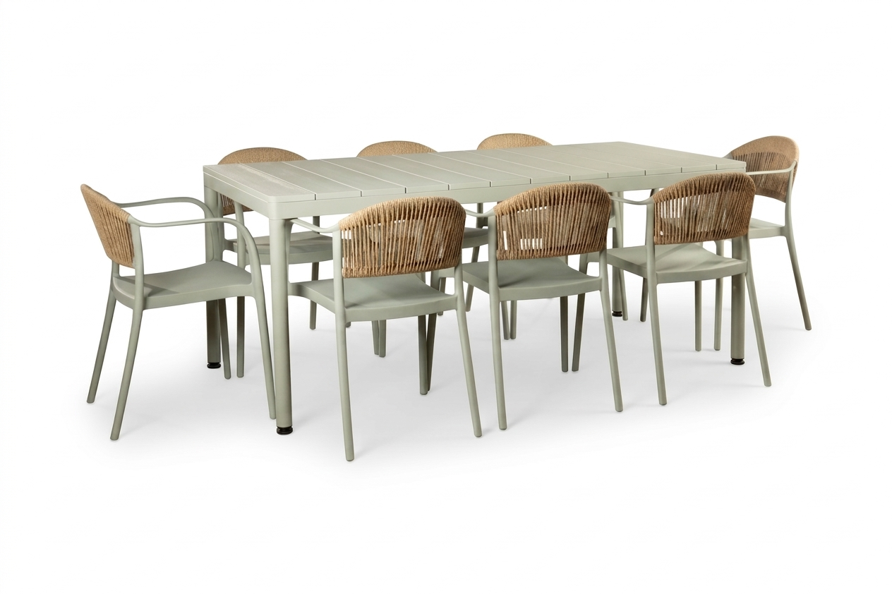 გარე ავეჯის მაგიდა + 8 სკამი ღია მწვანე 