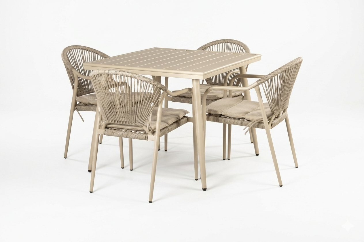 მეტალის მაგიდა 90*90-ზე + 4 სკამი ბალიშით კრემისფერი